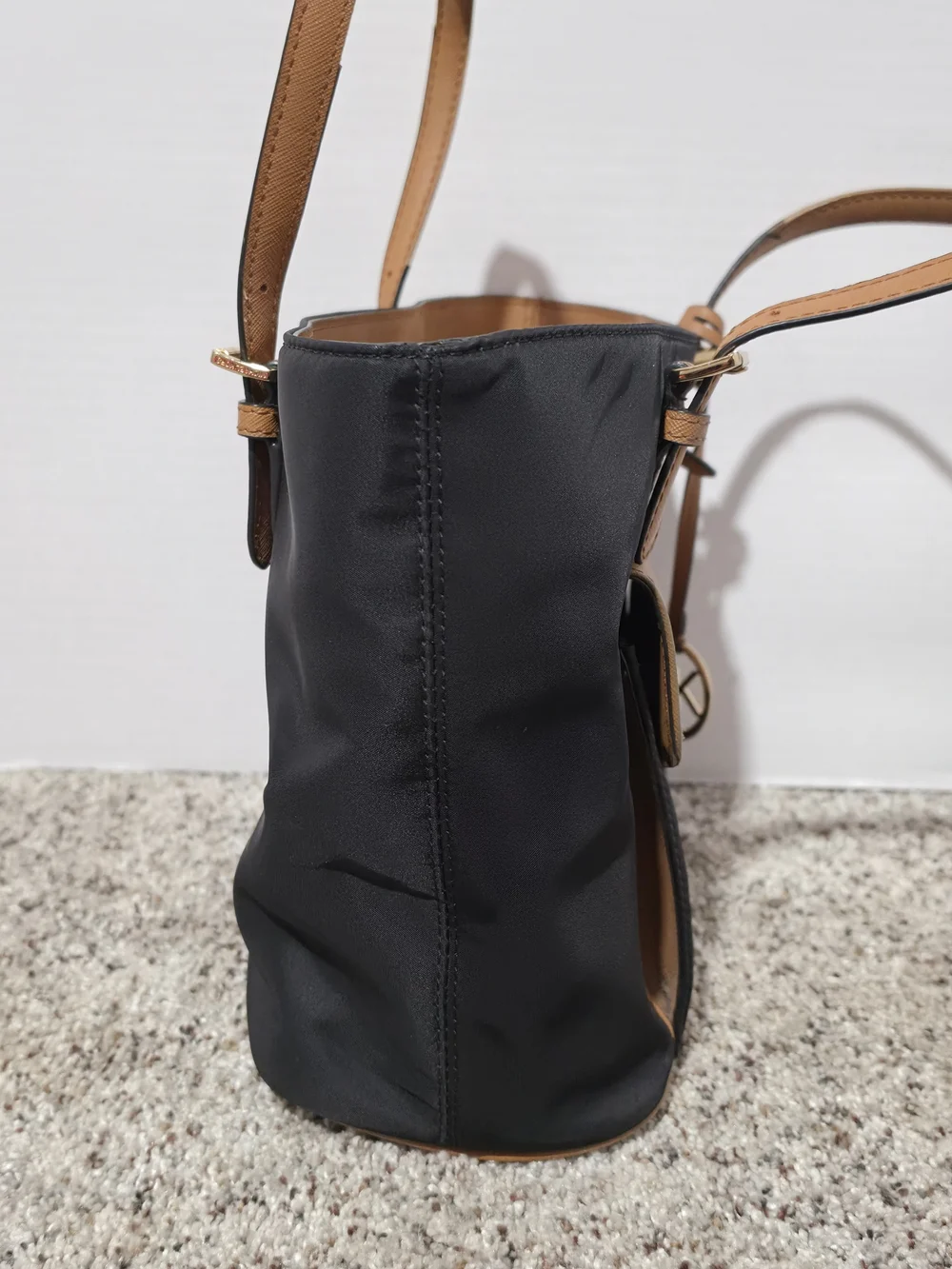 Michael Kors Tote Bag Black Brown Nylon Leather Shoulder Purse Large